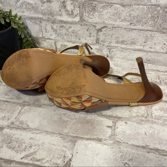 SAM EDELMAN Mason Tan Leather and Multi-Color Rainbow Straw Platform Heels 9.5 - Picture 3 of 6